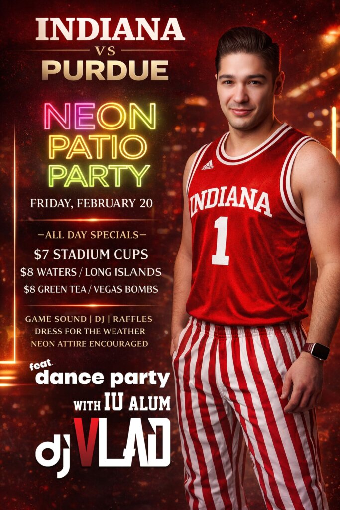 DJ Vlad at Kirkwood Bar on February 20, 2026 for the IU vs. Purdue Neon Patio Party!